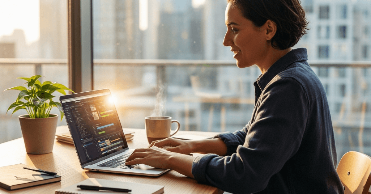 Person working on a laptop at home with a focused workspace representing using personal skills to earn income through online or freelance work