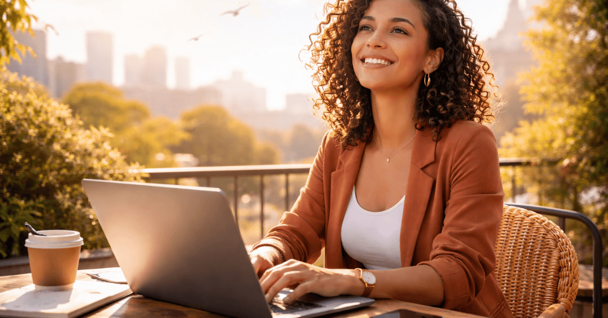 Person happily working on a laptop outdoors representing financial independence and freedom from using personal skills to earn income