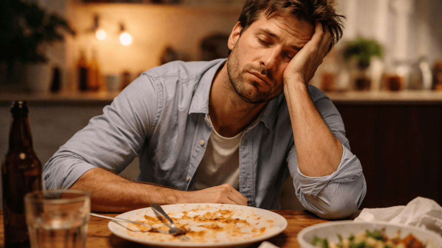 Man looking tired and fatigued after eating, sitting at table with unfinished food representing poor digestion and low energy