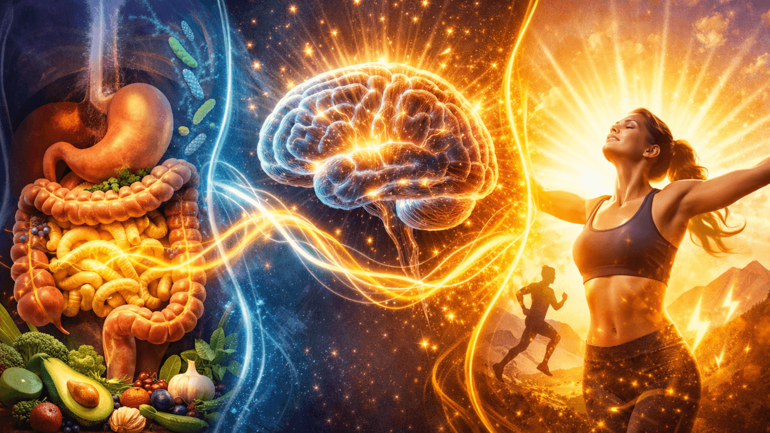 Illustration showing gut and brain connection with glowing energy flow, linking digestion, mental clarity, and overall wellness