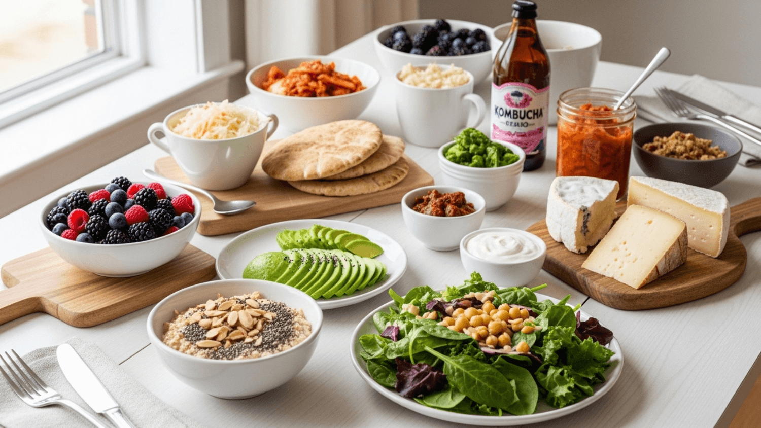 Variety of gut healthy foods including probiotics, fiber-rich vegetables, fermented foods, and healthy fats on a table