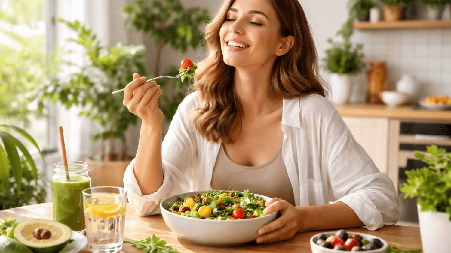Woman enjoying a healthy salad and smoothie, smiling and energized, representing improved gut health and balanced nutrition