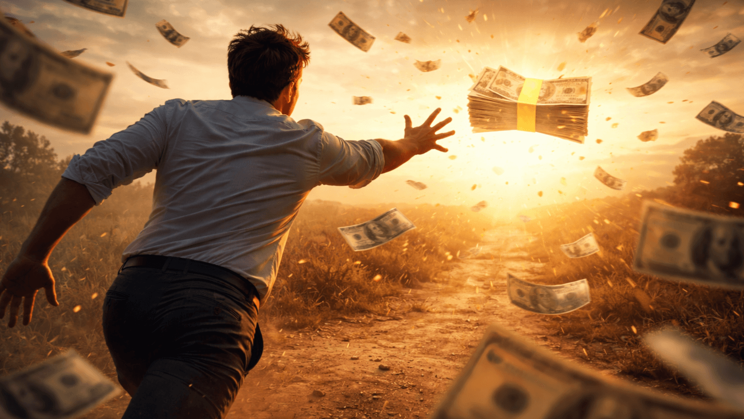 Person running toward flying cash representing chasing money, scarcity mindset, and struggle to earn income