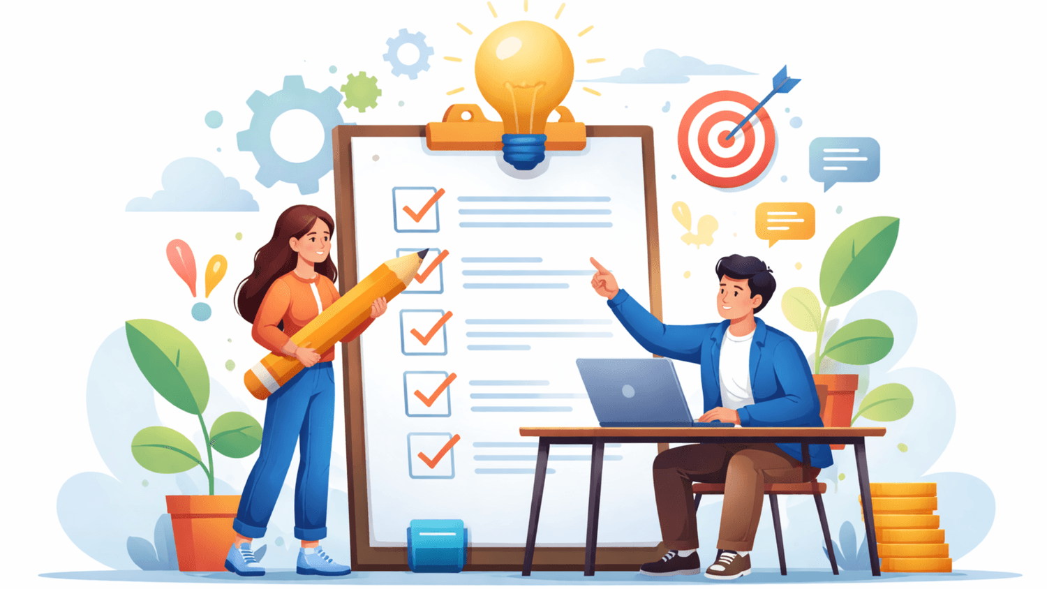 Illustration of people creating a checklist and planning tasks, representing value creation, skills organization, and income strategy