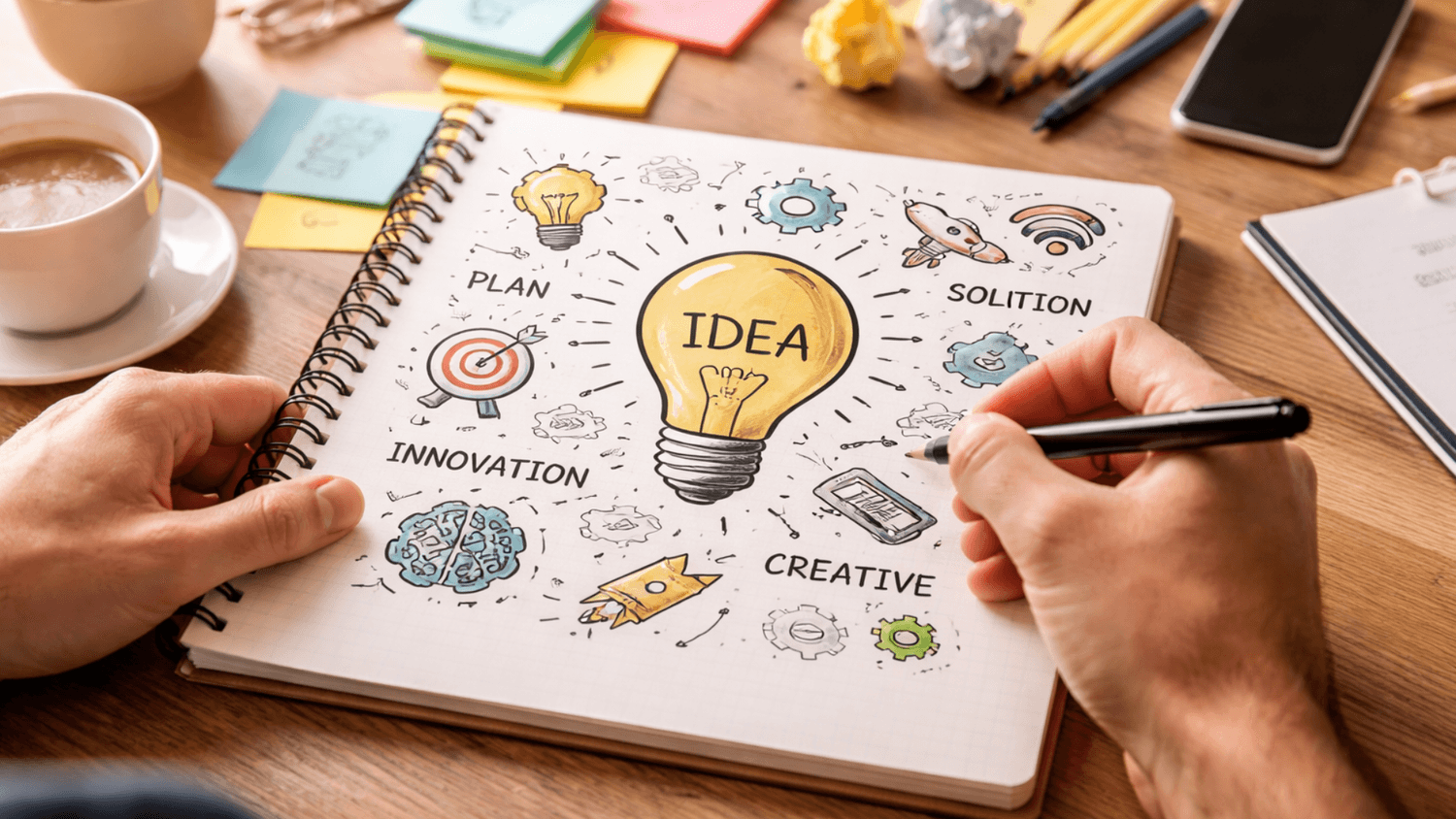 Person sketching ideas and plans in a notebook with icons representing creativity, innovation, and turning ideas into valuable skills