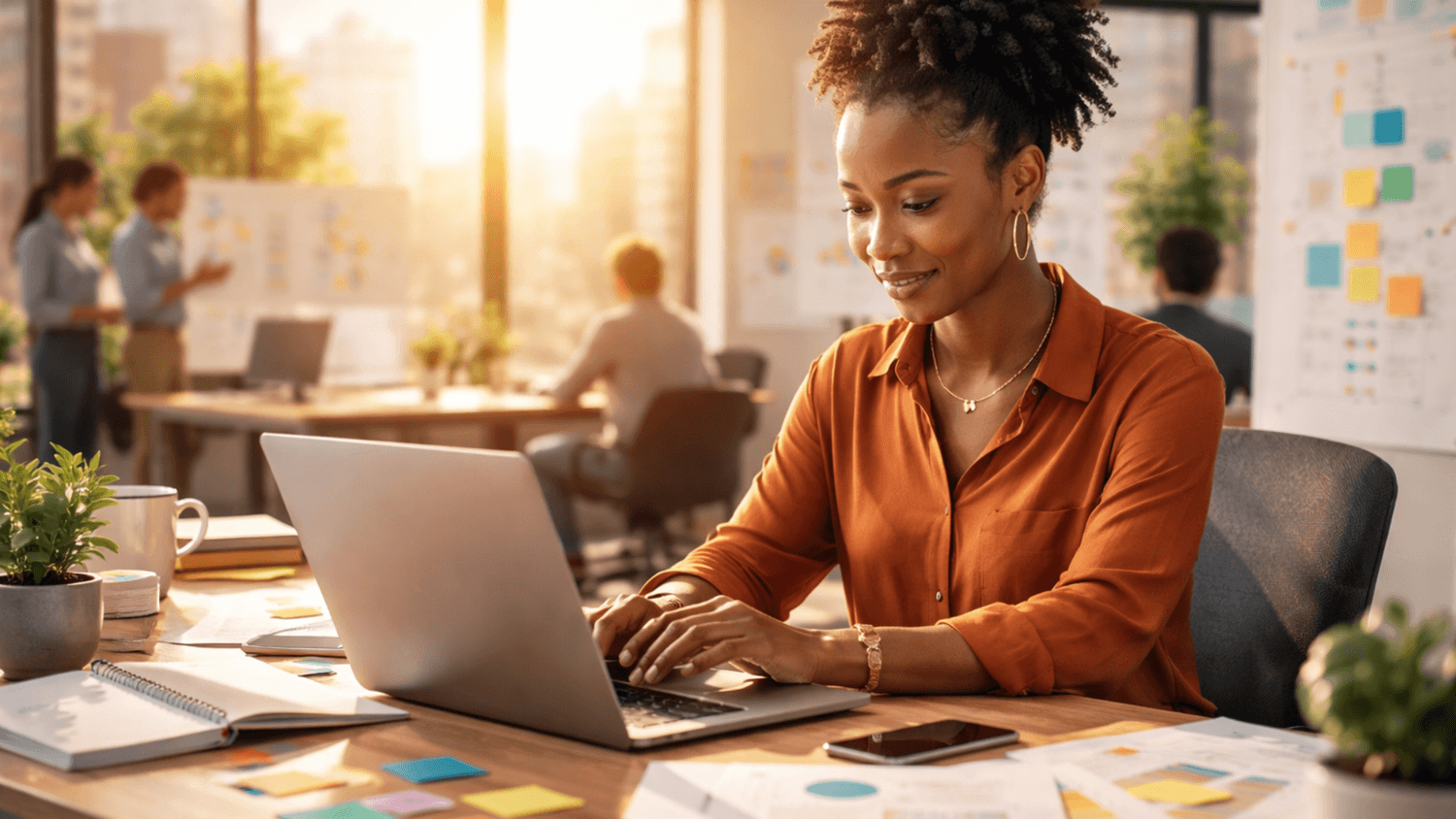 Focused professional working on a laptop in a collaborative workspace, representing productivity, skill application, and creating value for income