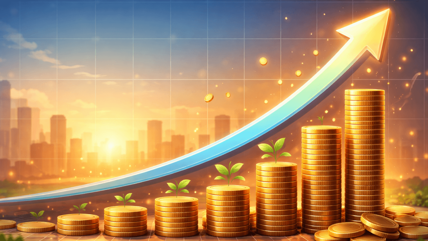 Upward financial growth chart with stacked coins and rising arrow, symbolizing income growth through consistent value creation