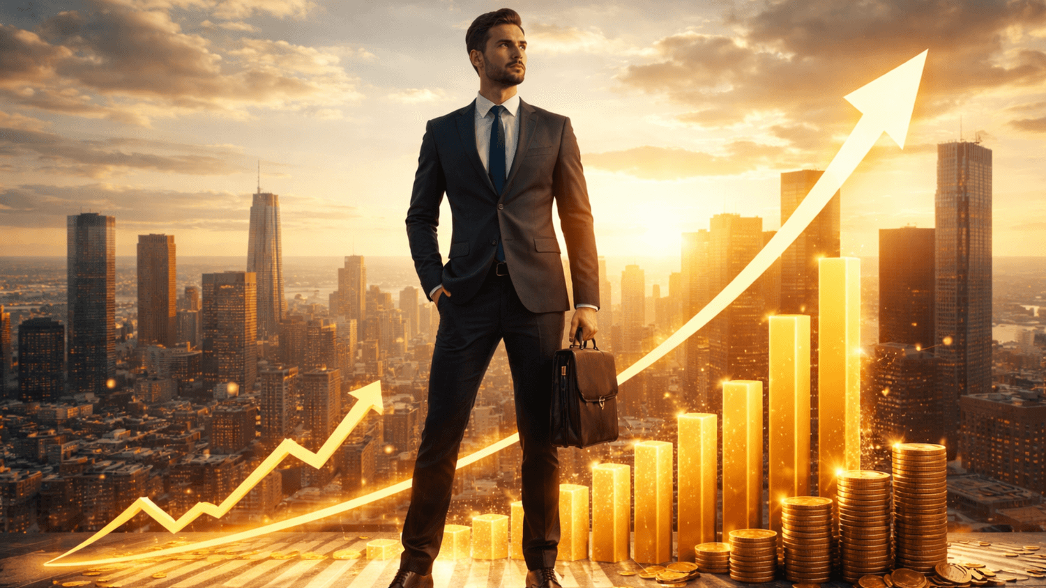 Confident professional standing over a city skyline with rising financial charts and stacked coins, representing income growth through a value-driven mindset