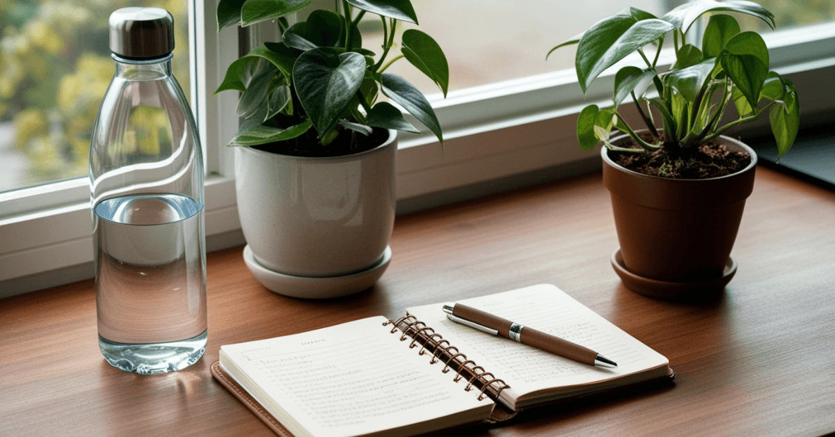 Tidy workspace with a water bottle, open journal, and potted plants by the window, symbolizing how environment influences daily habits