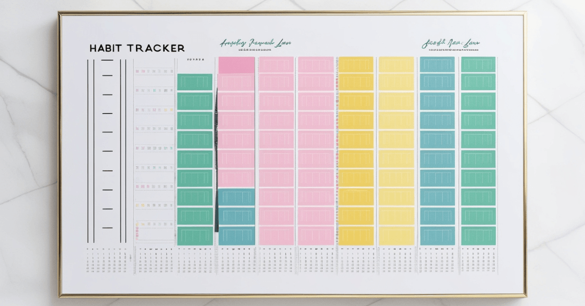 Framed colorful habit tracker chart showing daily progress boxes filled in, representing the power of consistency and visual momentum