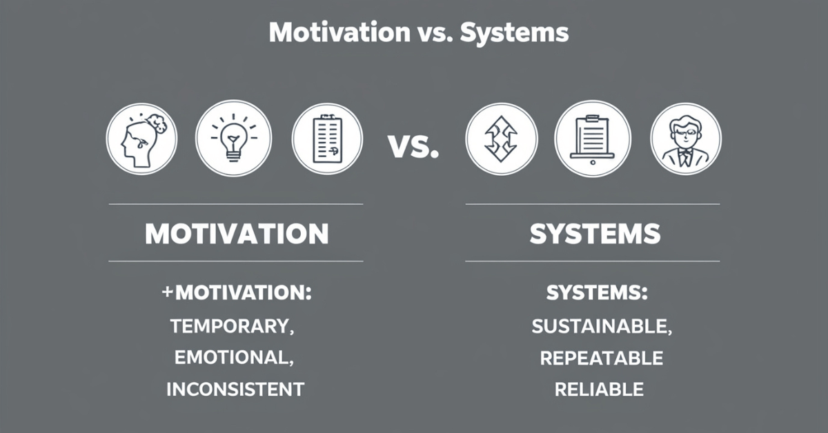 Infographic comparing motivation and systems side by side, showing motivation as emotional and inconsistent, and systems as sustainable and reliable
