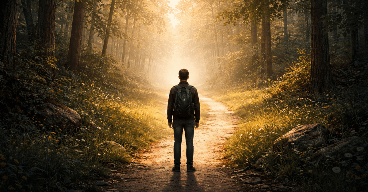 Person standing on a forest path facing a bright light ahead symbolizing moving forward despite uncertainty and taking the first step