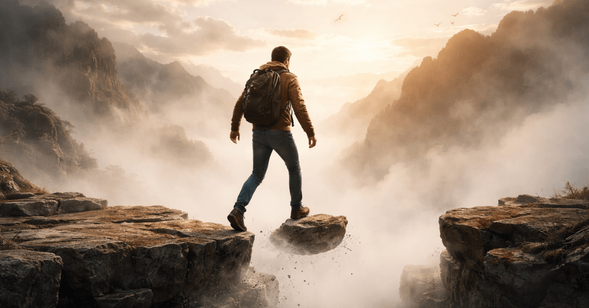 Person stepping across a gap between cliffs symbolizing taking a leap of faith and acting without feeling fully ready
