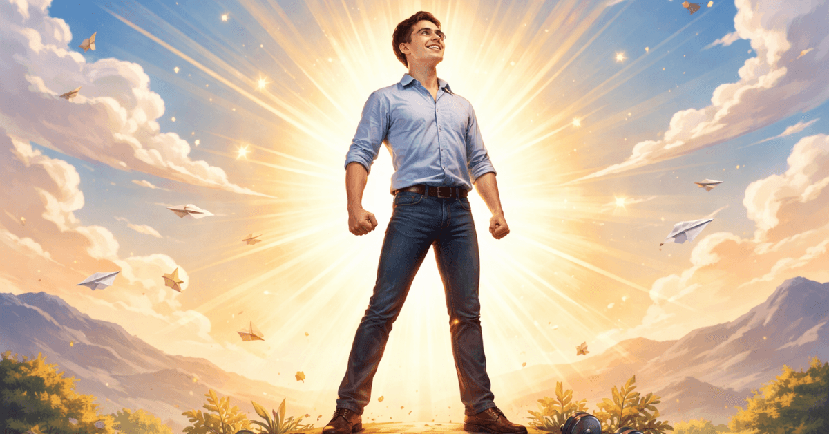 Confident person standing strong with sunlight radiating behind them symbolizing self-belief gained through taking action and growth
