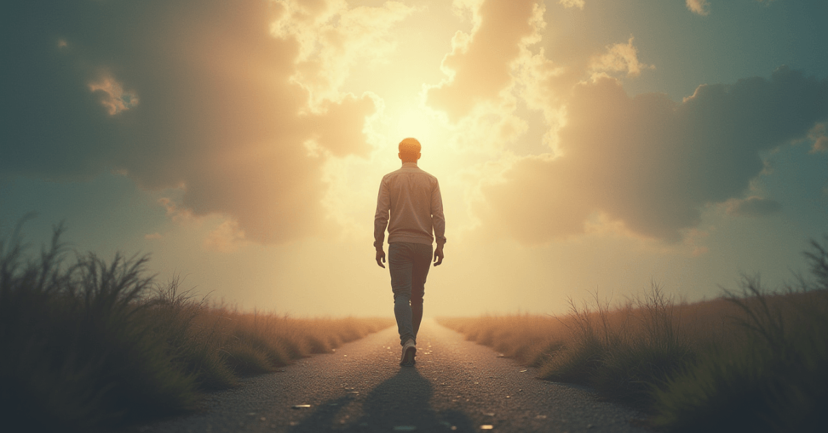 Person walking down a road toward bright sunlight symbolizing forward progress confidence and taking action without waiting to feel ready