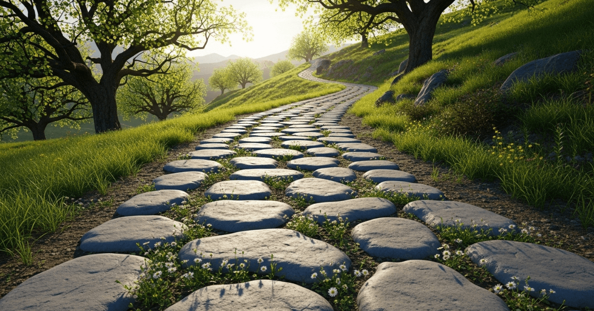 Stone path made of small steps winding forward through a peaceful landscape symbolizing how small actions build confidence over time