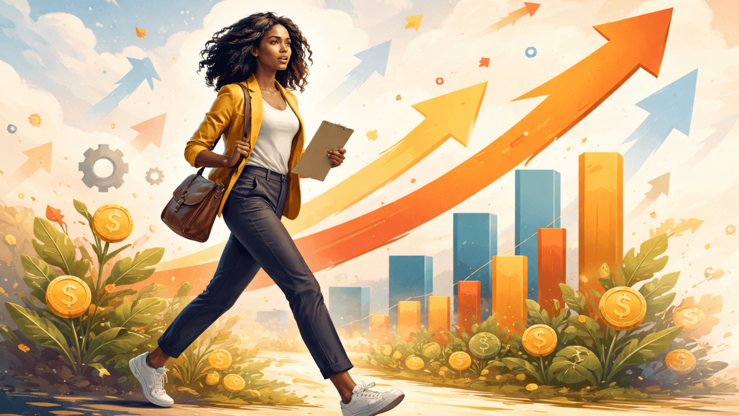 Confident person walking forward with rising charts and upward arrows symbolizing success growth and results from taking action without waiting to feel ready