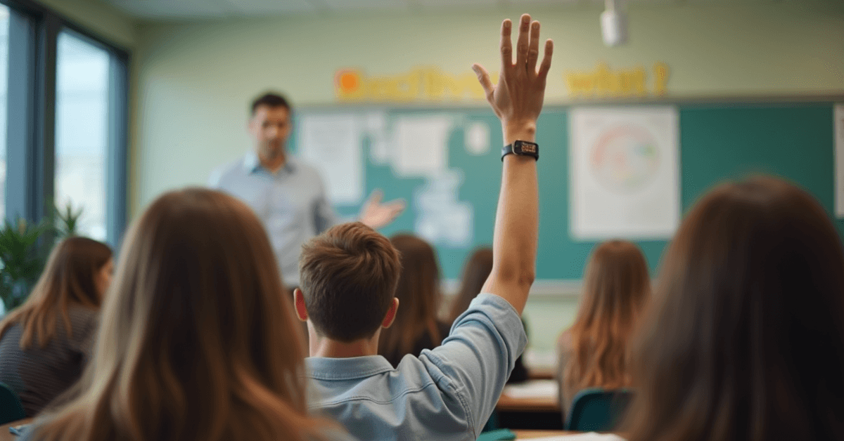 Student raising their hand in a classroom setting, representing a small but meaningful act of courage and stepping outside the comfort zone.