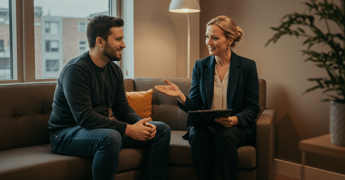 Two people having a friendly and constructive conversation in a cozy, professional setting, representing the value of receiving feedback for personal growth.