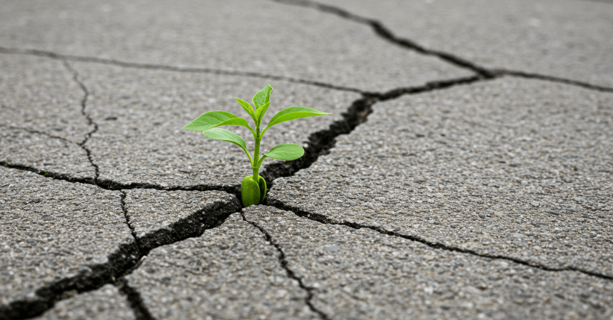 A small green sprout emerging from a crack in concrete, symbolizing resilience, perseverance, and growth through challenging conditions.