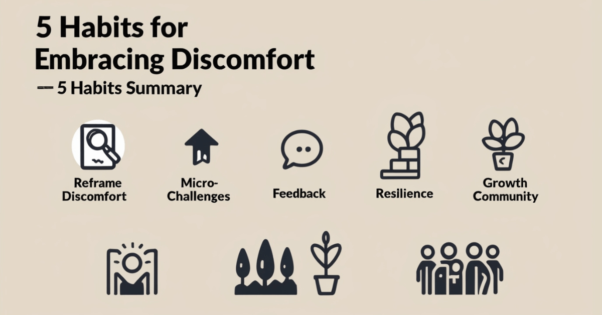 Infographic summarizing 5 habits for embracing discomfort: reframe discomfort, micro-challenges, feedback, resilience, and growth community—each represented with clear icons.