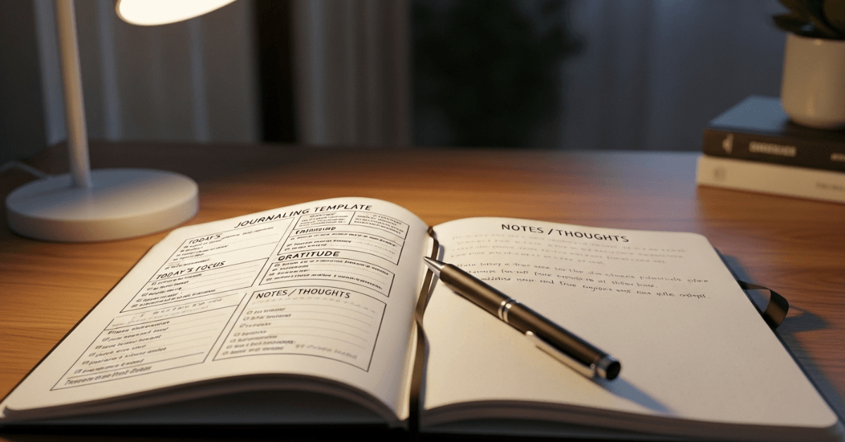 Open journal displaying a structured journaling template with a pen resting on the pages, lit by a desk lamp—highlighting the power of free tools for self-reflection and personal growth.