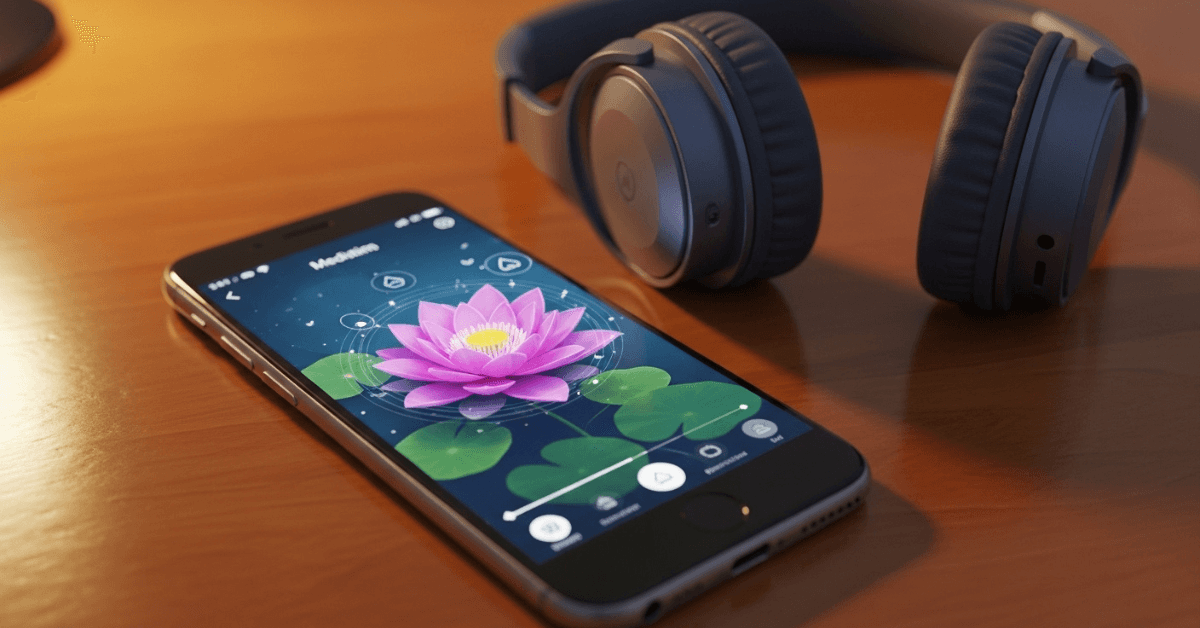 Smartphone displaying a meditation app with a lotus flower on screen, next to headphones on a wooden surface—symbolizing free tools for mindfulness and stress relief.