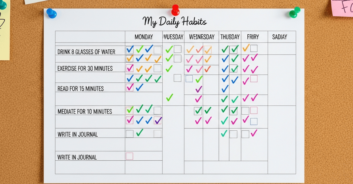 Printable habit tracker pinned to a corkboard, filled with colorful checkmarks for daily habits like journaling and meditation—illustrating consistency and self-improvement with free tools.