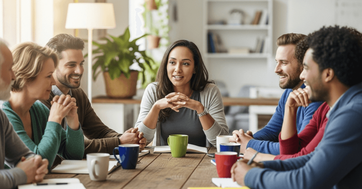 Diverse group of people sitting around a table engaged in friendly conversation, representing the power of free community support and accountability in personal growth.