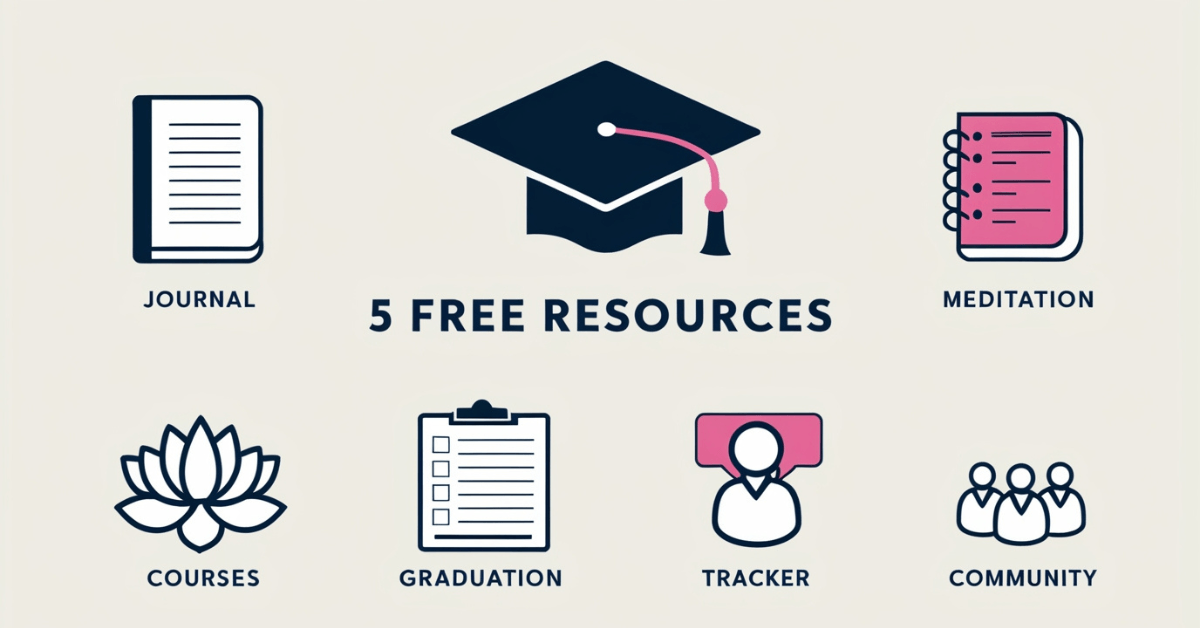 Infographic summarizing five free self-help resources: journal, meditation, courses, tracker, and community—each represented by a simple, colorful icon with a clean layout.