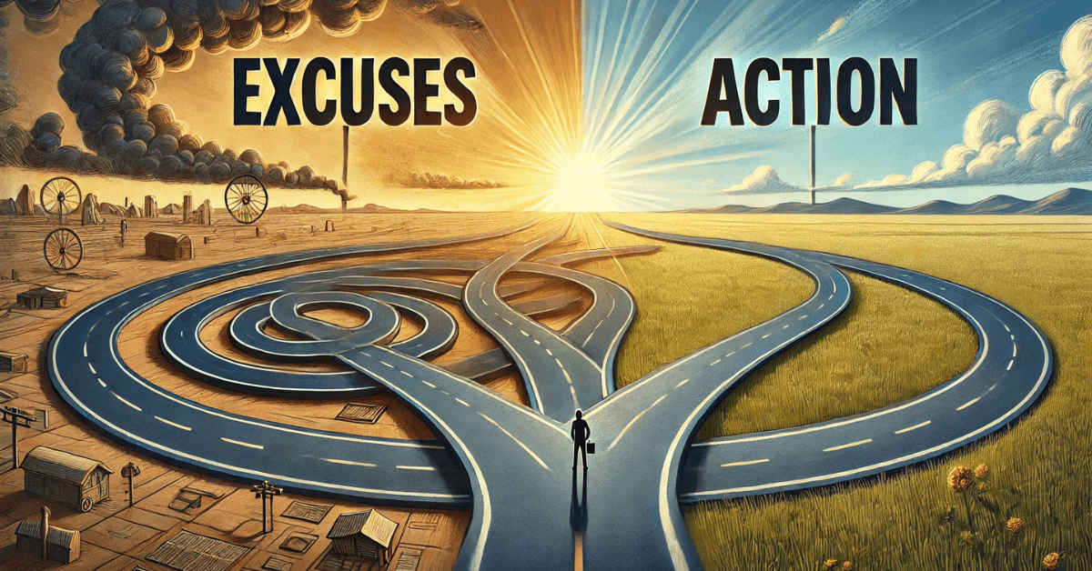 Illustration of two contrasting paths labeled ‘Excuses’ and ‘Action,’ showing a looping road of avoidance versus a clear road toward progress.
