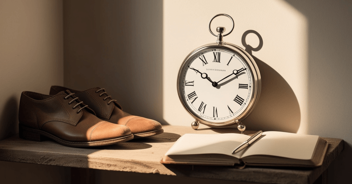 Minimalist scene with shoes, a clock, and an open notebook, symbolizing breaking tasks into small, manageable steps and taking action one step at a time.