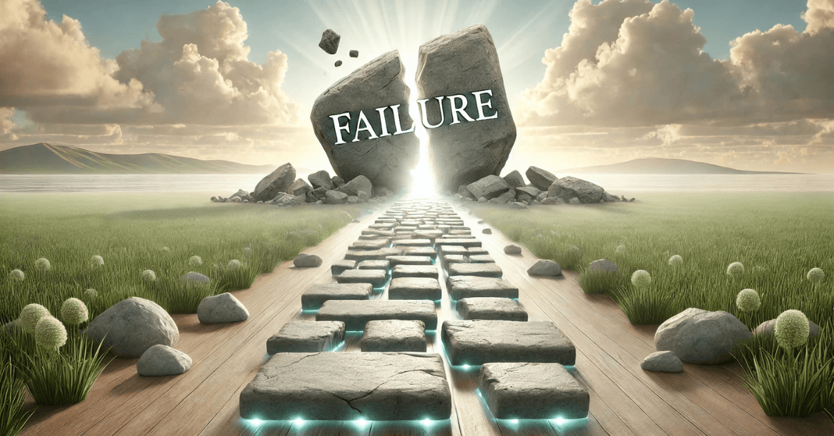 A giant stone labeled ‘FAILURE’ split in half with a glowing path of stepping stones leading forward, symbolizing breaking through setbacks to create a new path.