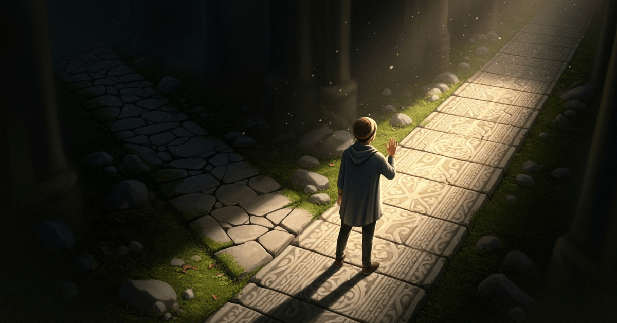 A person standing between two paths, one dark and uneven and the other glowing with light, symbolizing how setbacks reveal a clearer direction forward.