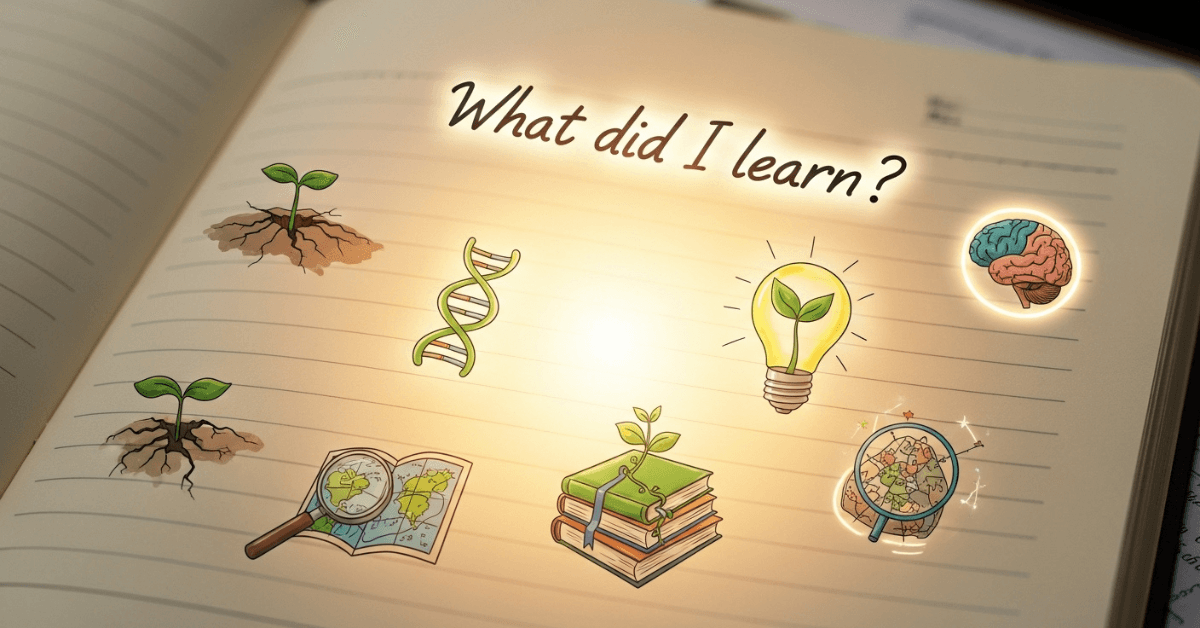 Open notebook with the words ‘What did I learn?’ glowing at the top, surrounded by illustrated symbols of growth, learning, and insight, representing reflection after setbacks.
