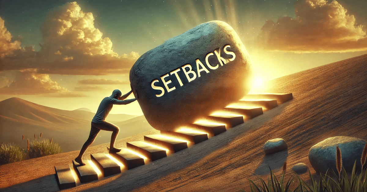Person pushing a large stone labeled ‘Setbacks’ up a glowing staircase, symbolizing how obstacles can transform into steps toward growth and strength.