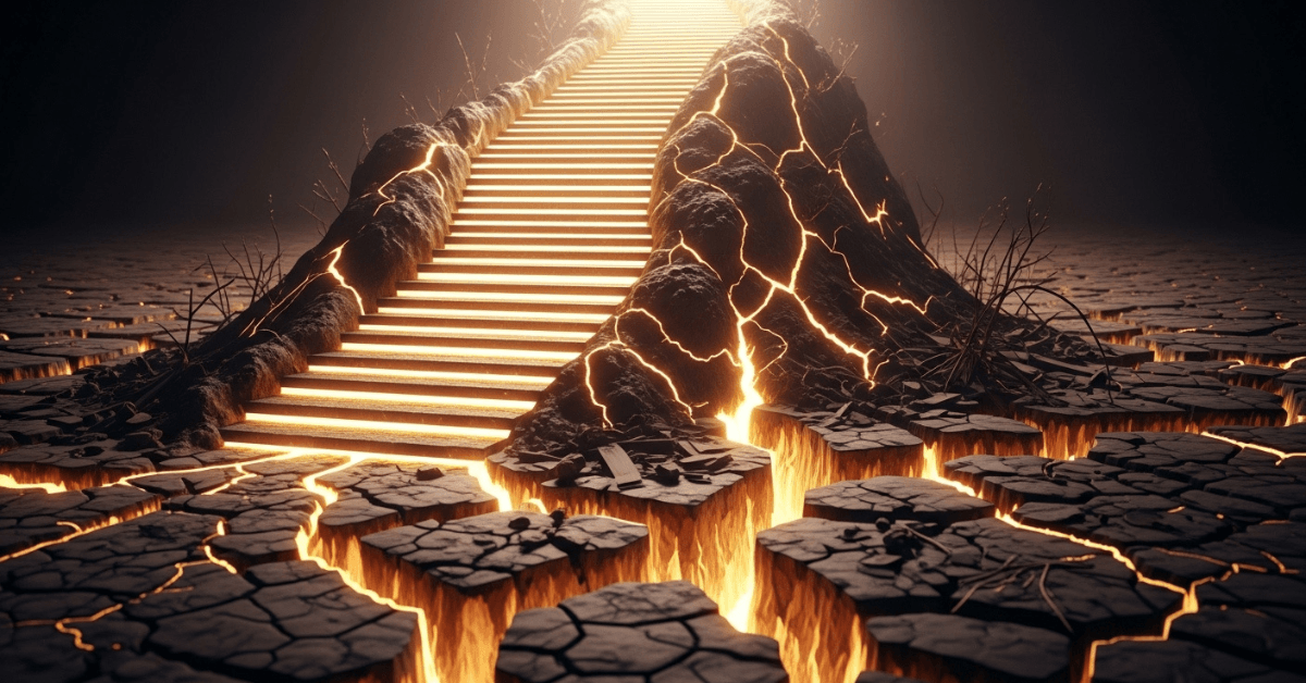 A glowing staircase rising from deep cracks in the ground, symbolizing how failure can transform into strength, elevation, and a higher path forward.