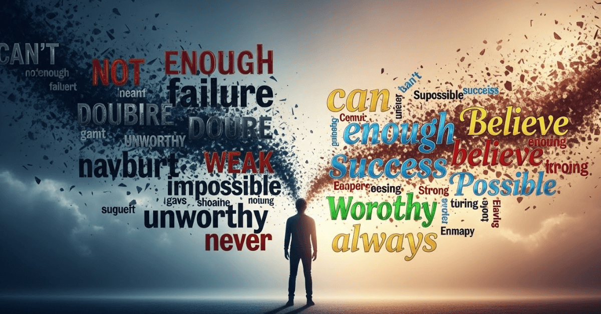A silhouette stands between two word clouds—one filled with negative self-talk and the other with empowering beliefs—symbolizing the internal shift from limitation to confidence.
