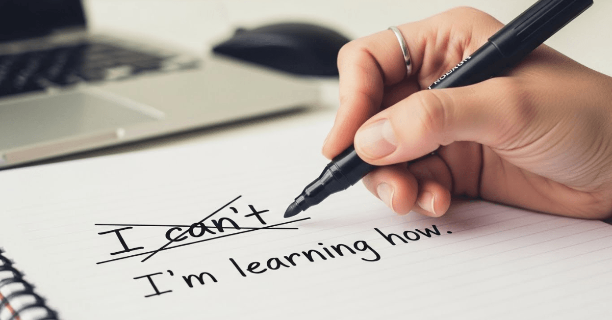 A close-up of a hand writing “I’m learning how” after crossing out “I can’t” in a notebook—symbolizing a shift from self-doubt to self-growth