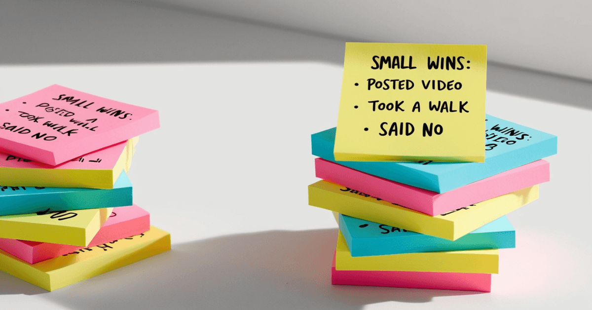 A colorful stack of sticky notes with one note on top listing small wins like “Posted video,” “Took a walk,” and “Said no” — celebrating progress through tiny victories.
