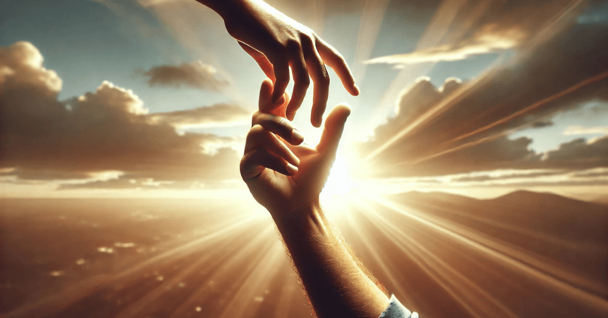 Two hands reaching for each other against a radiant sunset sky, symbolizing support, connection, and the power of borrowed belief.