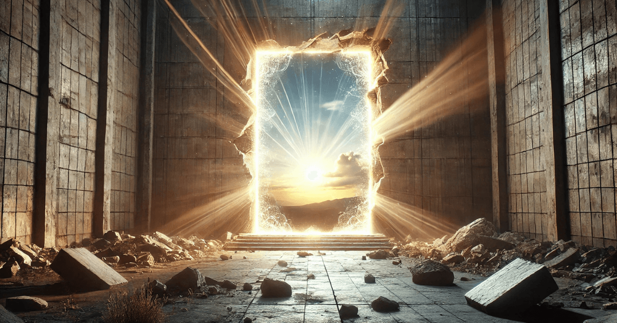 A glowing doorway blasted open through a dark concrete wall, revealing a radiant sunrise and symbolizing breakthrough and limitless potential.