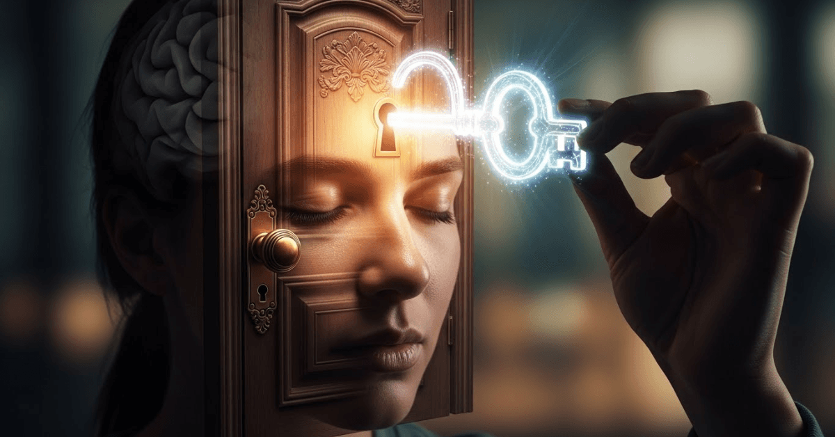 A woman unlocking a wooden door embedded in her forehead with a glowing key, symbolizing inner liberation, mindset shifts, and self-empowerment.