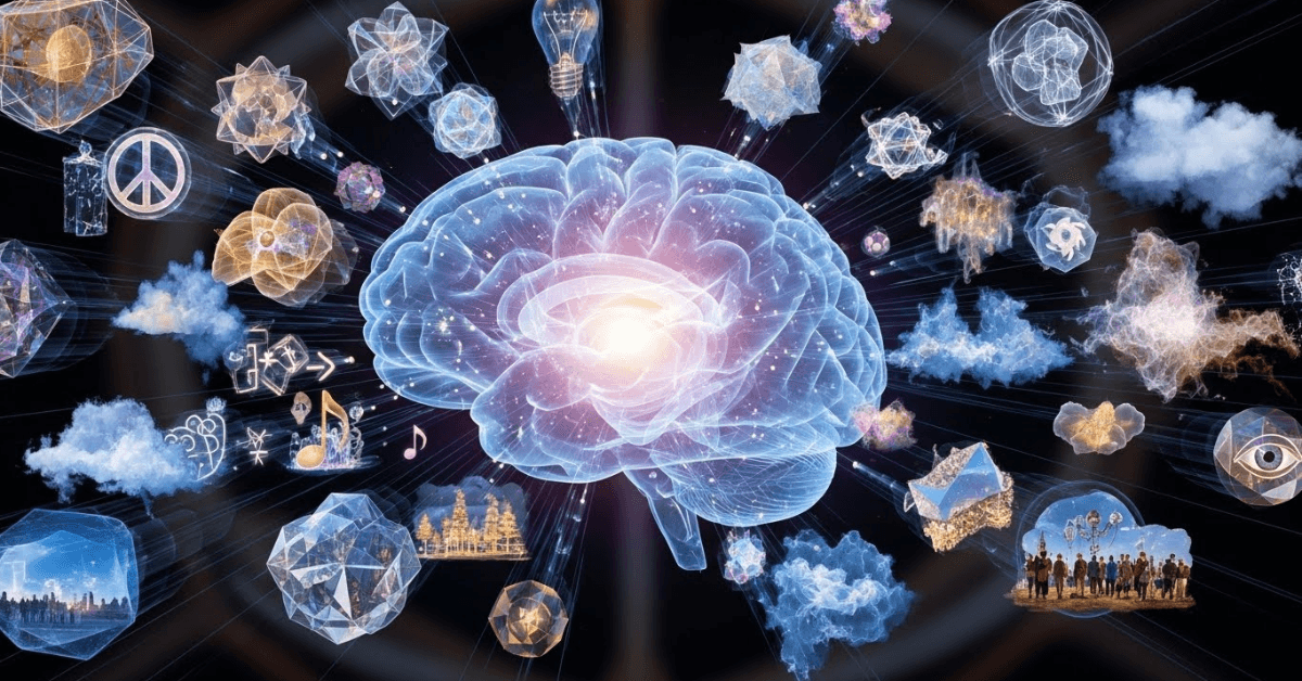 A glowing brain surrounded by floating symbols, ideas, and thought-forms, representing how thoughts radiate outward and shape a person’s reality.