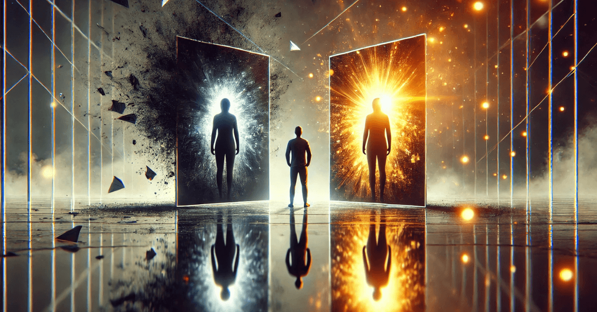 A person standing between two glowing doorways—one dark, one bright—symbolizing how thoughts and mindset choices shape different realities and life paths.