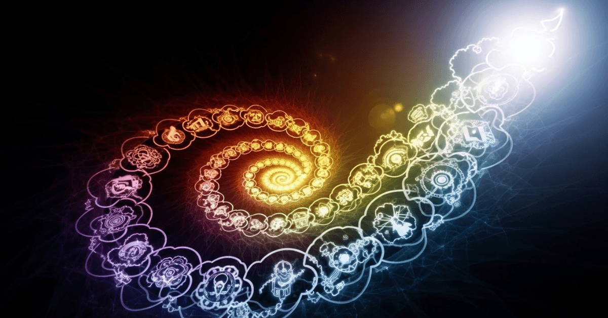 A glowing spiral made of thought symbols and energy patterns, representing how repeated thoughts form beliefs and shape a person’s reality.
