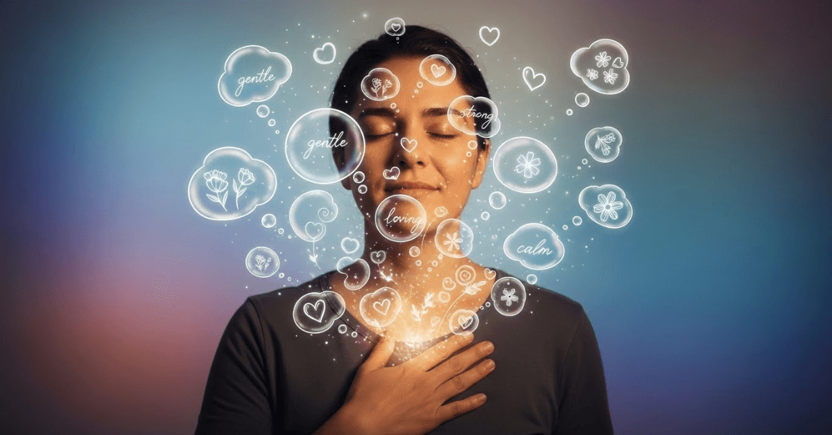 A person with eyes closed and a hand on their heart, surrounded by glowing thought bubbles with words like gentle, loving, calm, and strong, symbolizing intentional positive thinking and emotional alignment.
