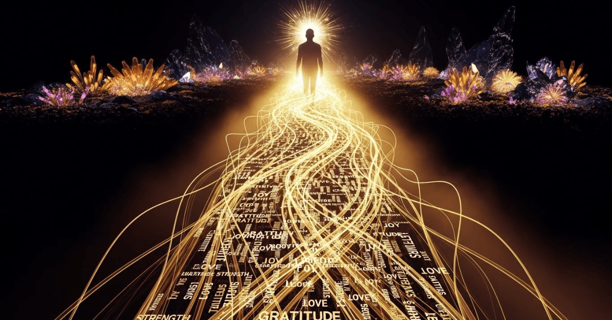 A glowing golden path filled with words like gratitude, love, joy, and strength leading toward a radiant figure, symbolizing how positive thoughts shape and elevate a person’s reality.