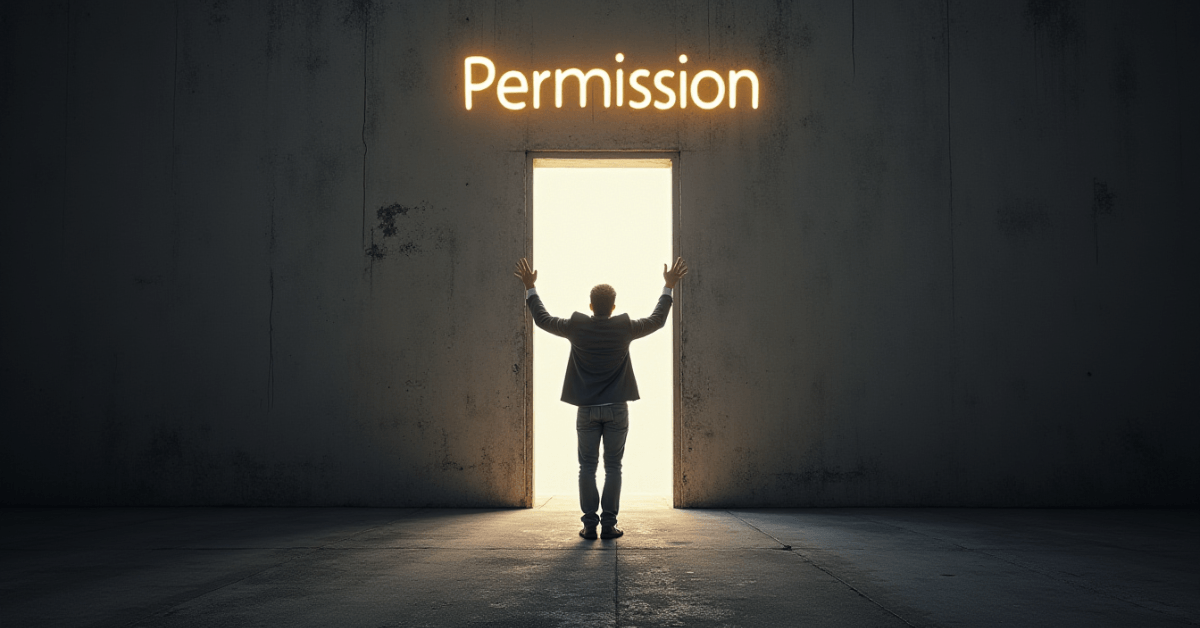Person standing in a glowing doorway labeled “Permission,” symbolizing breaking free from limitations and stepping boldly into personal power.