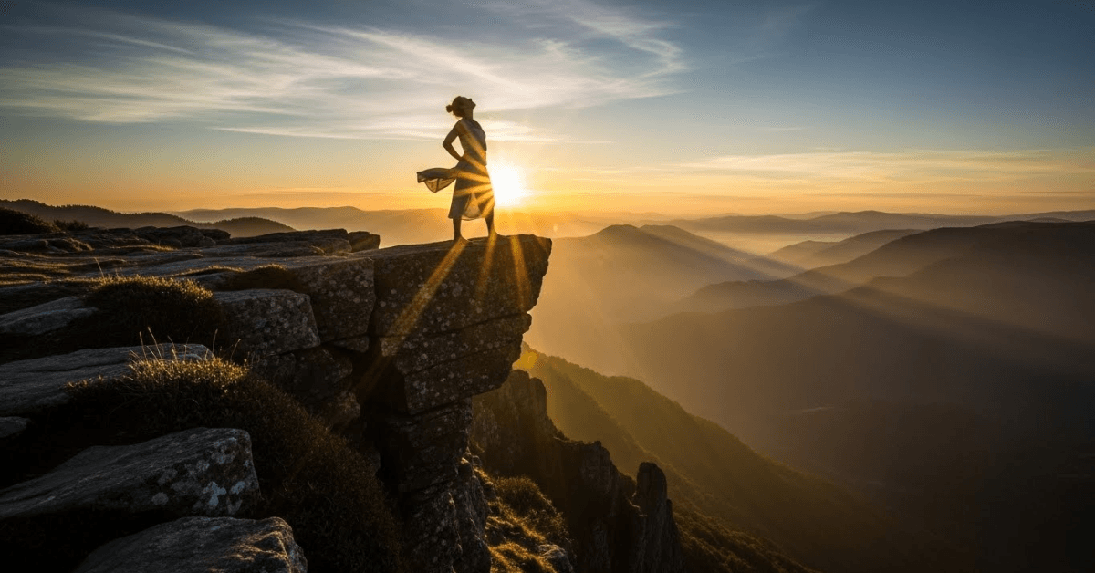 Woman standing confidently on the edge of a mountain cliff at sunrise, symbolizing courage, freedom, and the power to rise without needing anyone’s permission.
